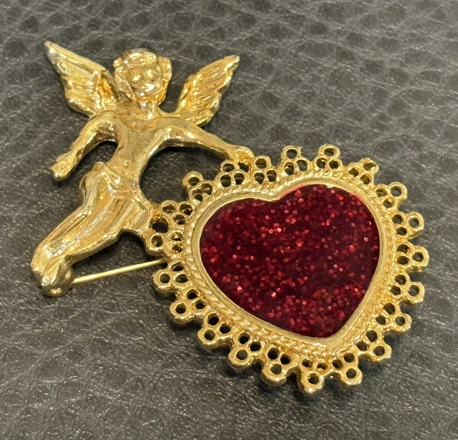 VTG Brooch Cupid Gold Toned Angel Red Glitter Heart Cherub Valentine Love Pin