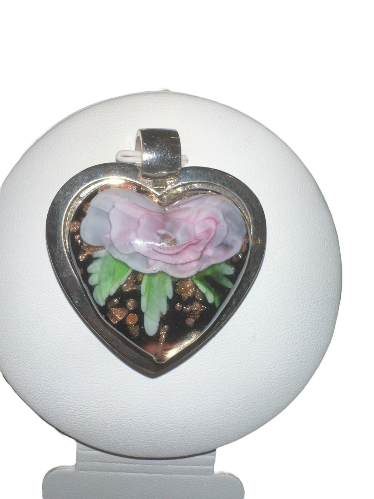 Metal Heart With Lucite Leaf and Flower Encased With Glitter Accent Pendant