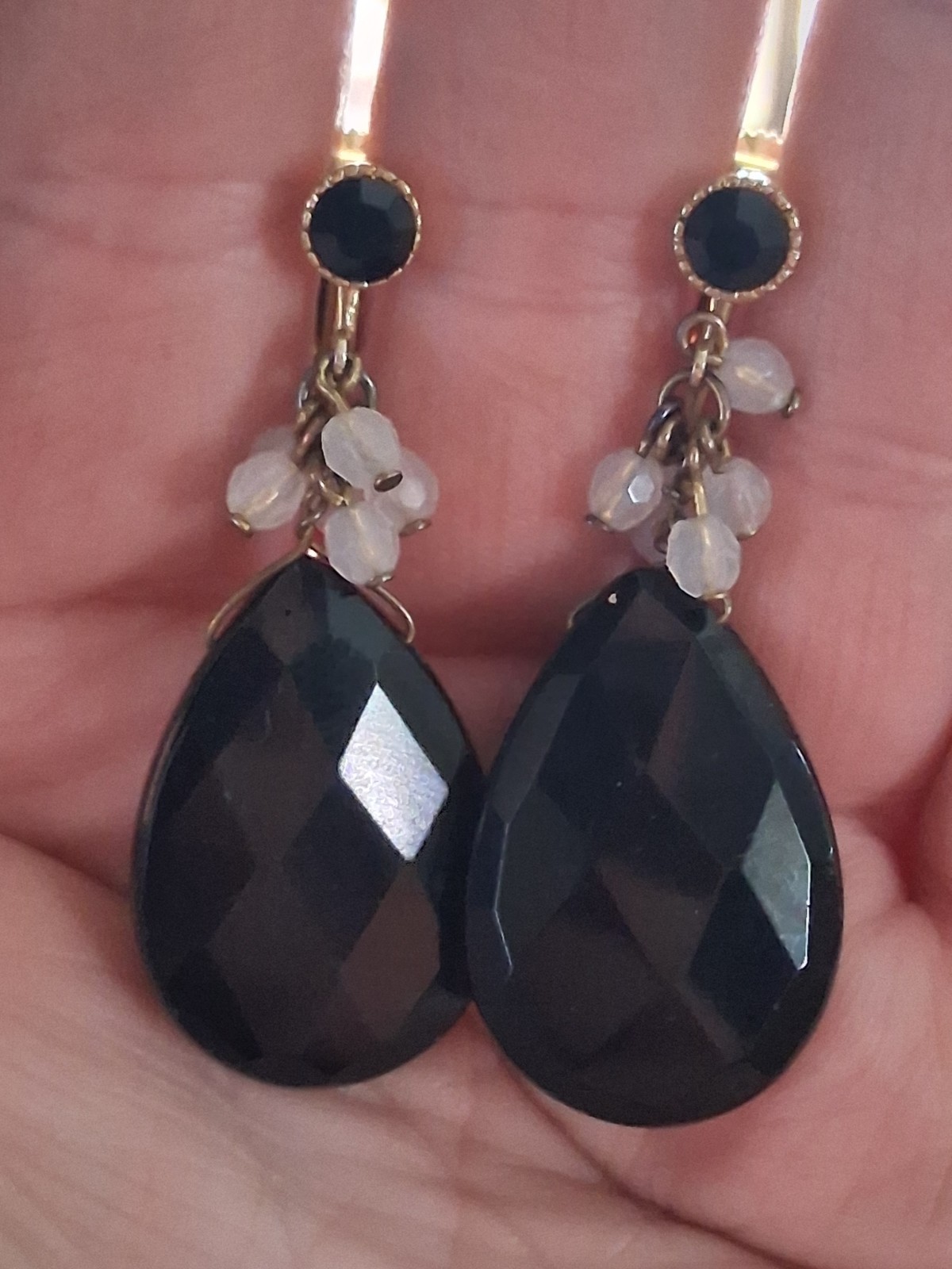 Faceted black glass teardrop stone adjustable clip on earrings w/dangle accents