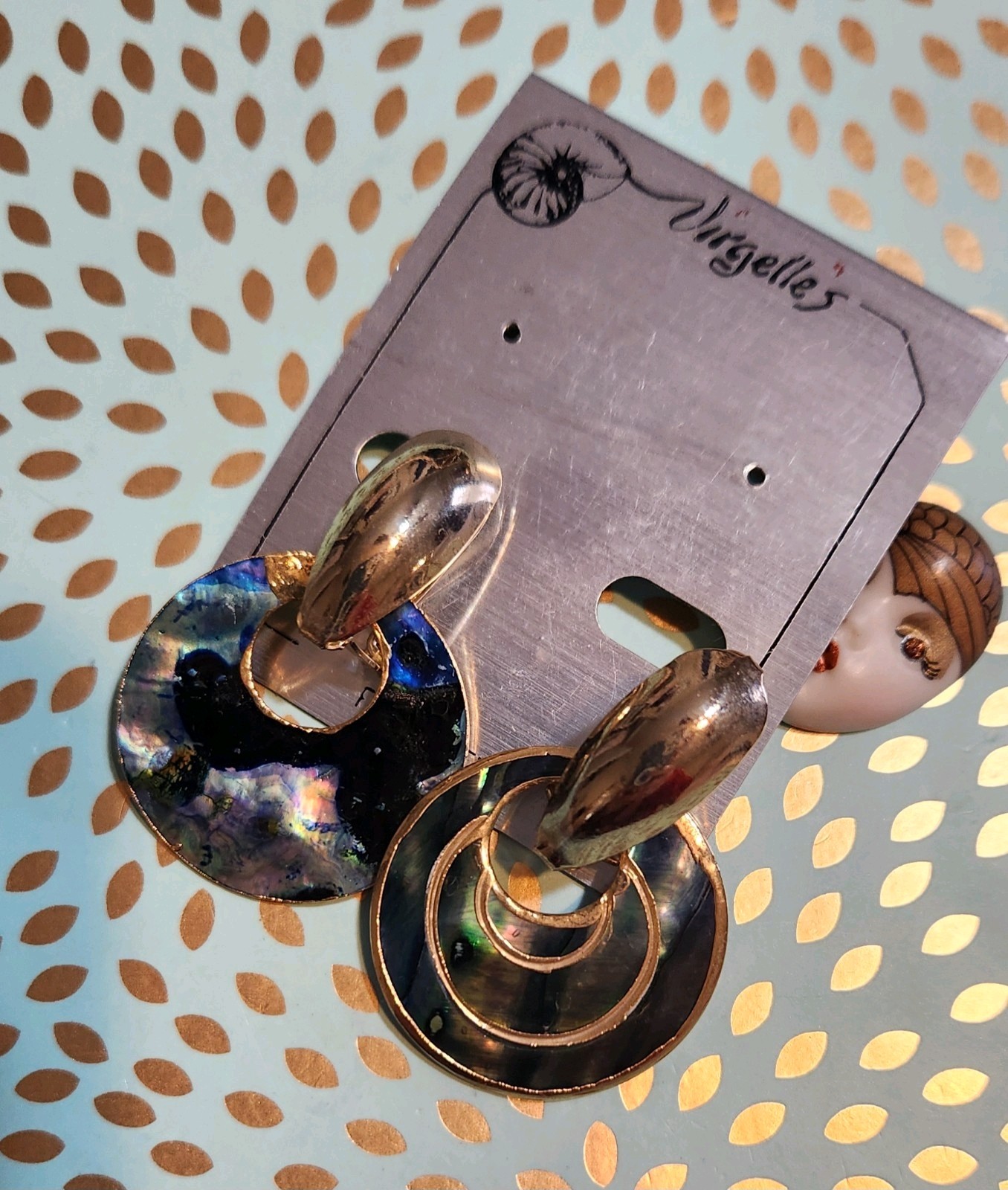 VTG NOS!! Peacock Paua Shell Doornocker Goldtone 2 In 1 Earrings