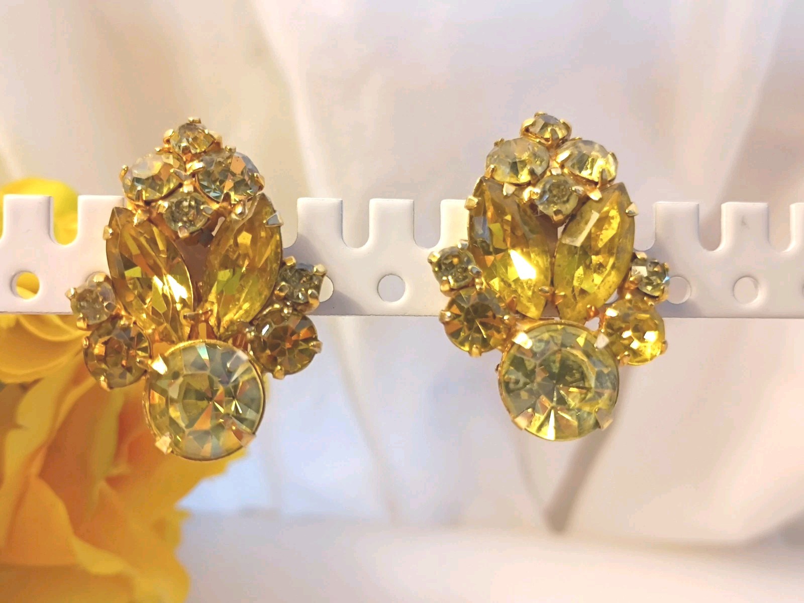 La Roco Rhinestone Vintage Clip Earrings Yellow w Gold Filled Metal