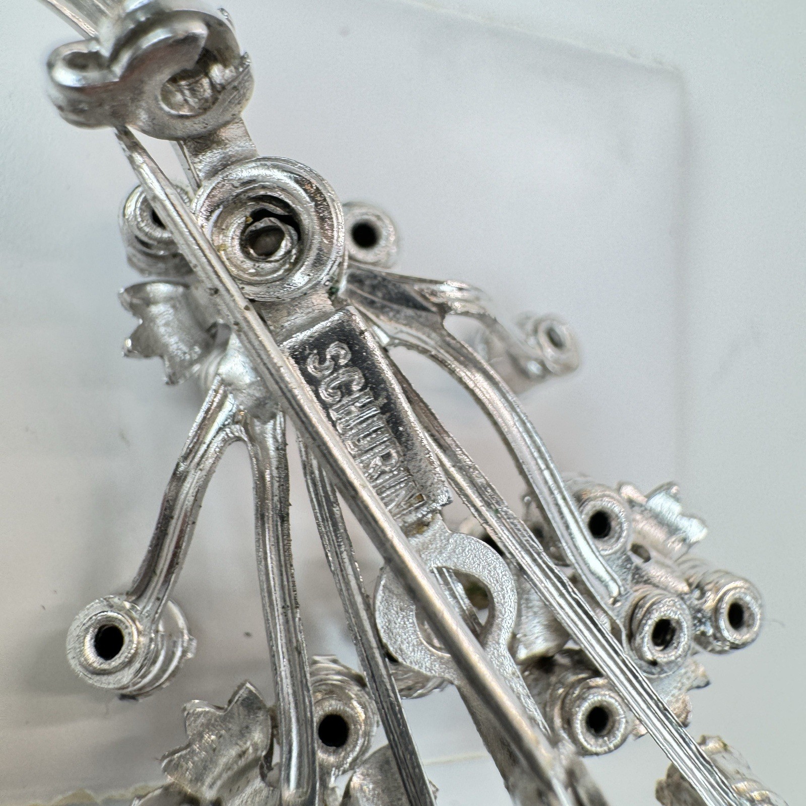 VTG Schurin Rhinestone Bouquet Brooch Pin Silver Tone Floral Spray Signed
