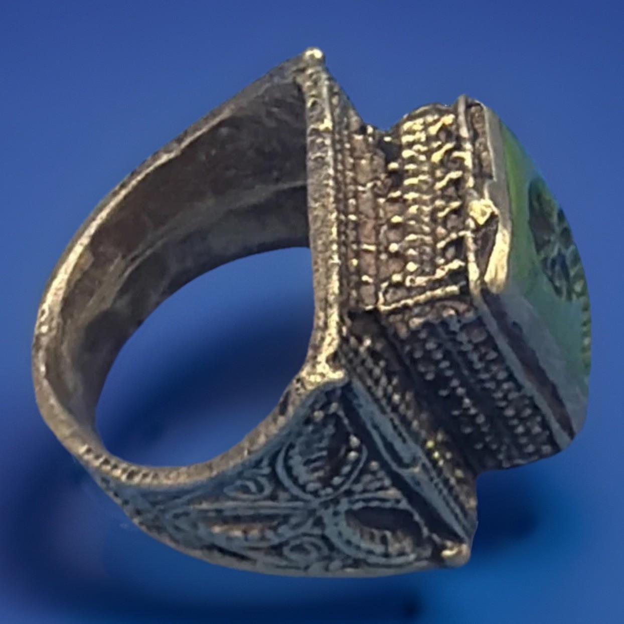 Old World Style Intaglio Ring – Green Engraved Stone, Ornate Scrollwork Band