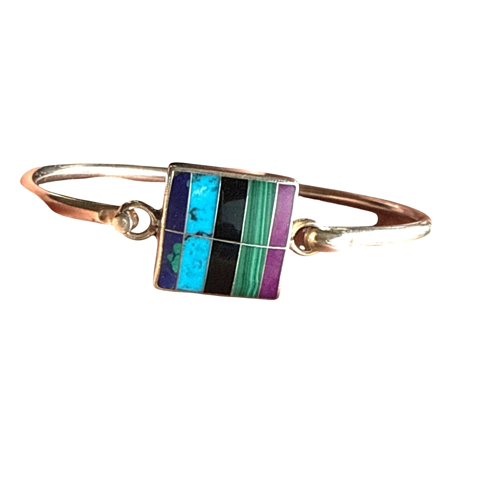Vintage CII Mexico Sterling Silver Bracelet W/ Inlaid Multicolor Gemstone Panel
