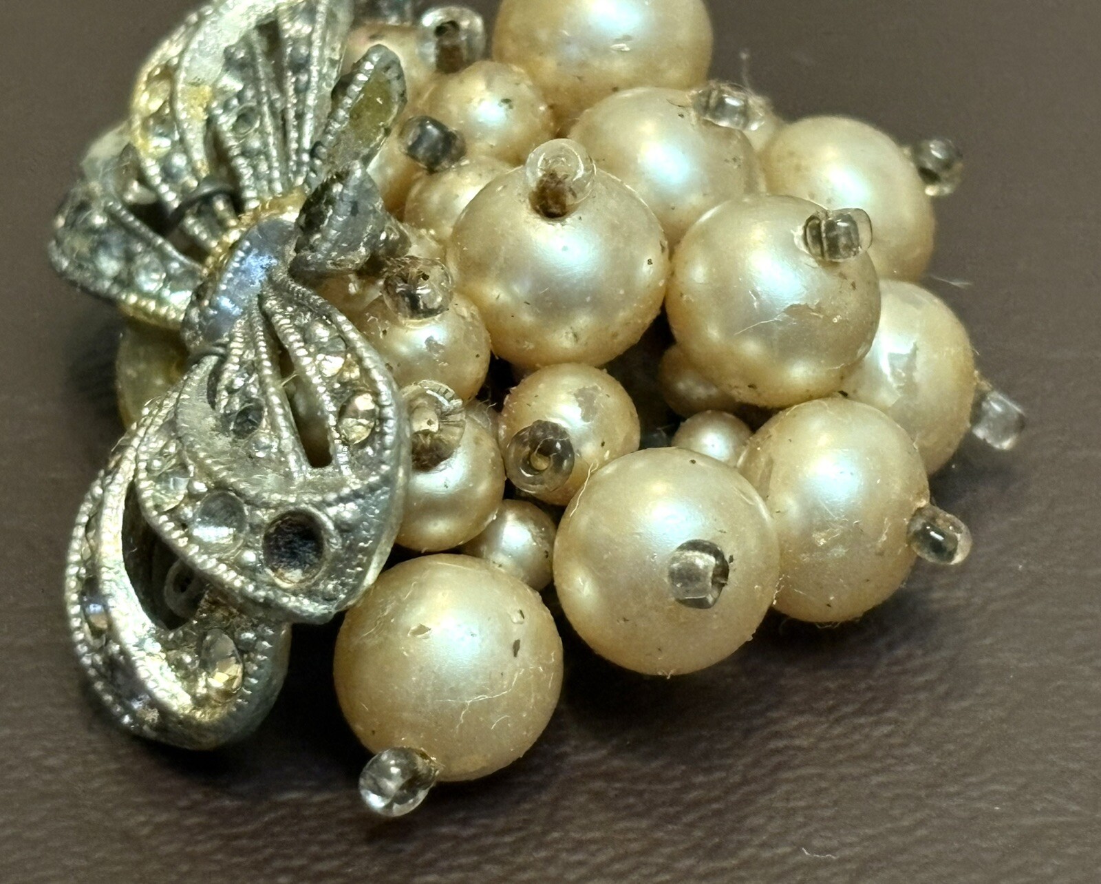 VTG Early Unsigned Haskell Dress Clip Bow Faux Pearl Rhinestone Silver Tone READ