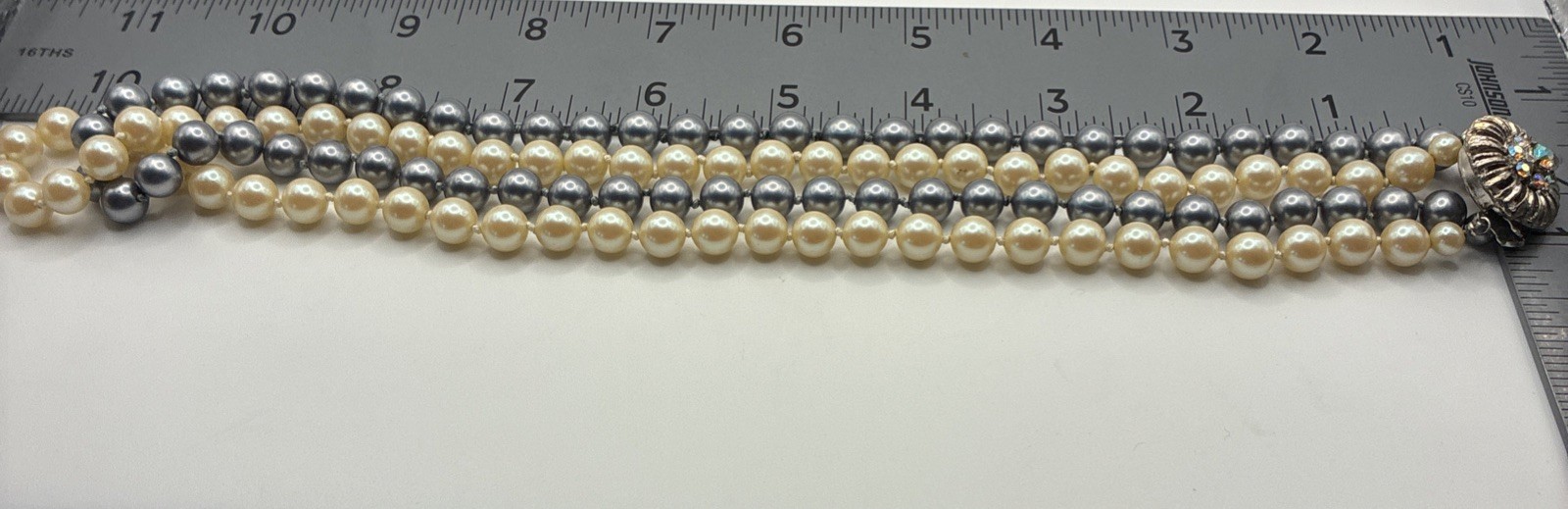 Vintage Double Strand Faux Pearl Necklace Hand Knotted Rhinestone Clasp Wedding
