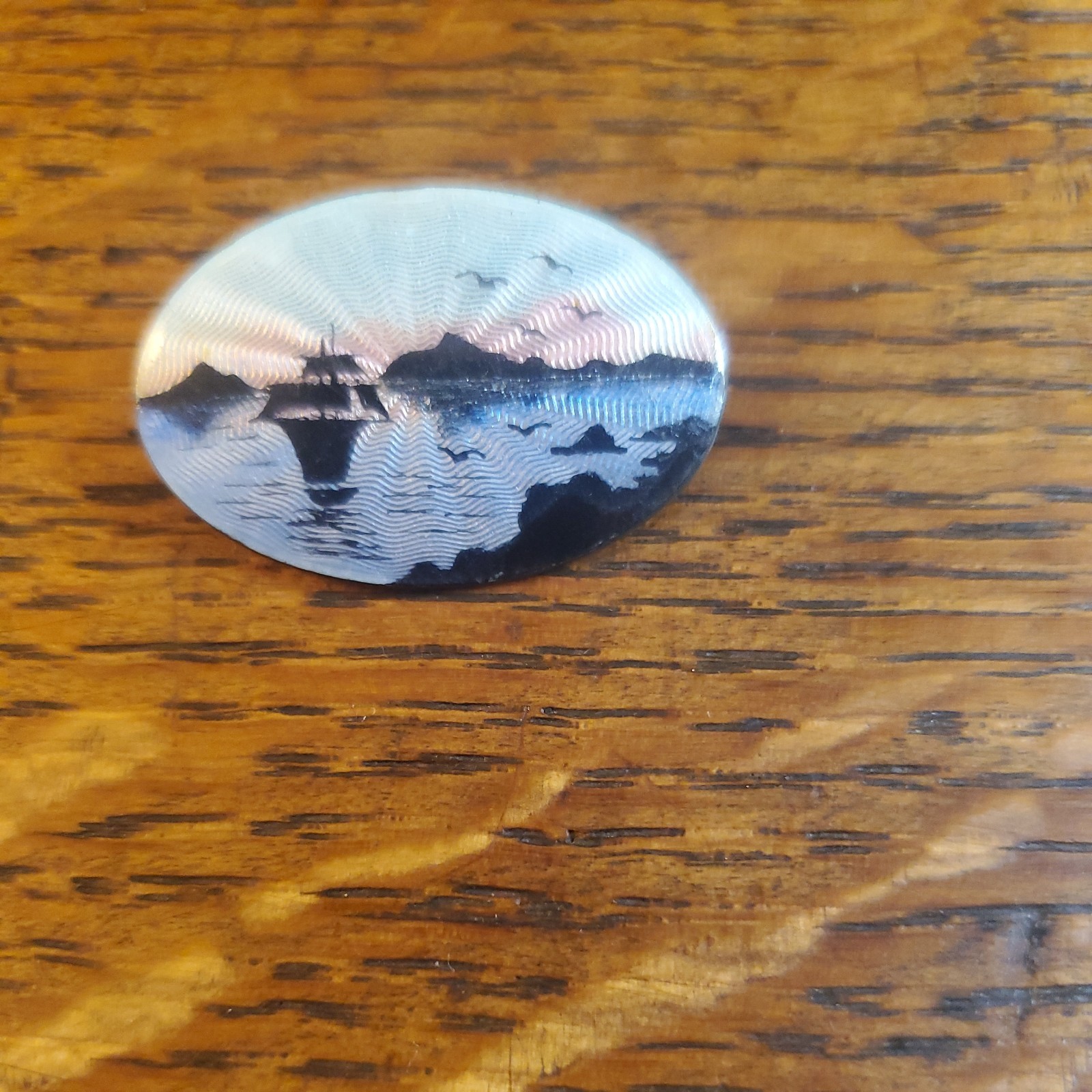 VTGNorway~Denmark~ sterling silver “guilloche enamel”~Viking Ship~sunrise pin~