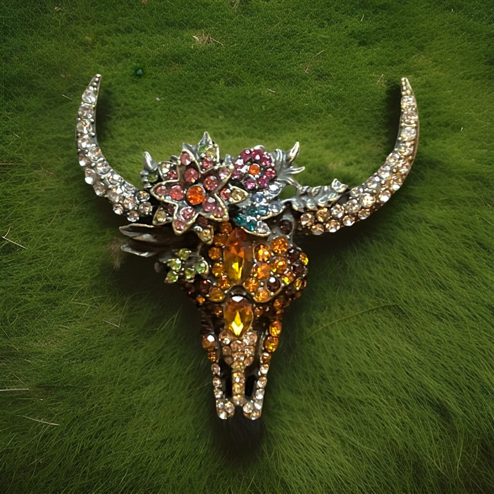 Southwestern Longhorn Floral Rhinestone Brooch Cowgirl Style