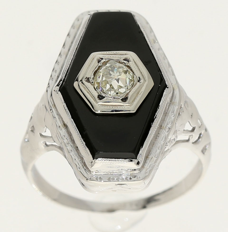 Antique Natural Diamond Onyx Filigree Ring .40CT 14K White Gold Size 7