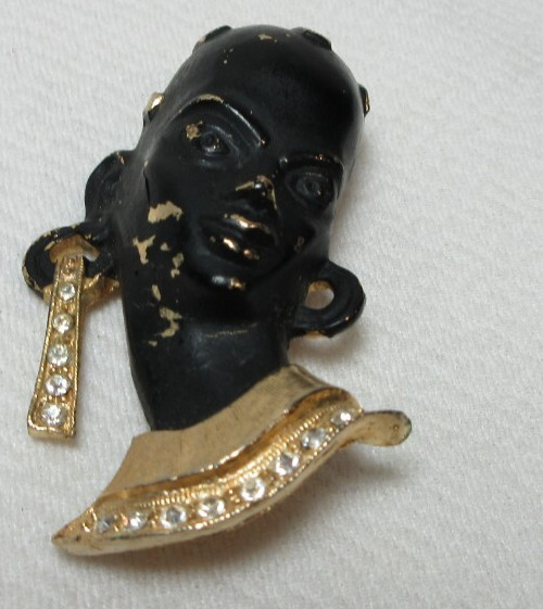 VINTAGE LADY BROOCH PIN GOLD TONE WITH ENAMEL & RHINESTONES RARE #53