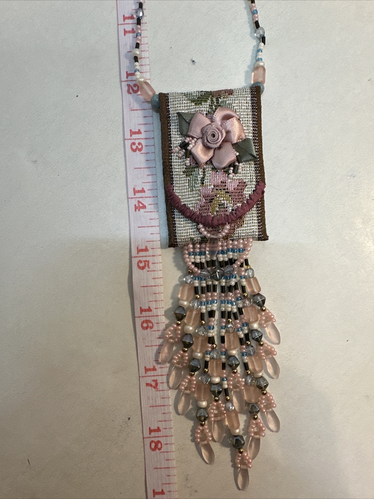 Vintage Needlepoint Handmade Purse Seed Bead Necklace Beaded Fringe-Bo Ho-Hippie