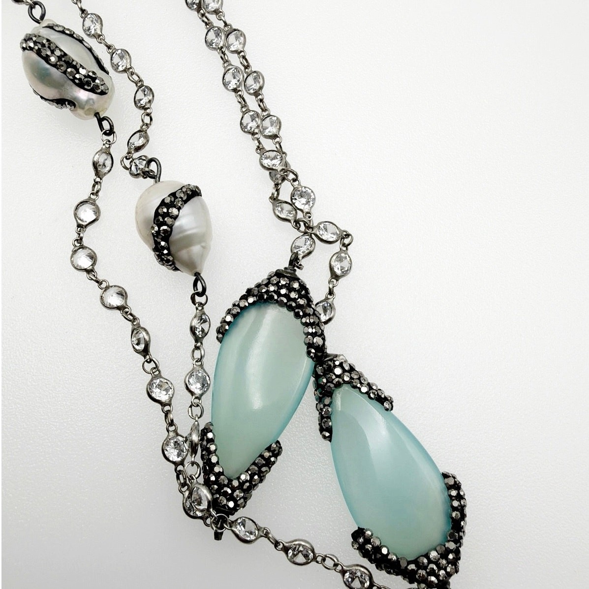 Sterling Silver Necklace Chalcedony Charms and Fresh Water Pearls 40”