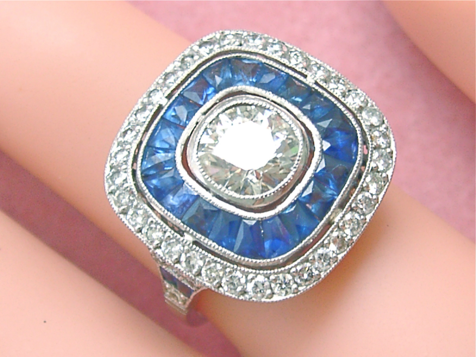 ART DECO 1.97ctw DIAMOND 1.2ctw SAPPHIRE HALO ENGAGEMENT CUSHION COCKTAIL RING