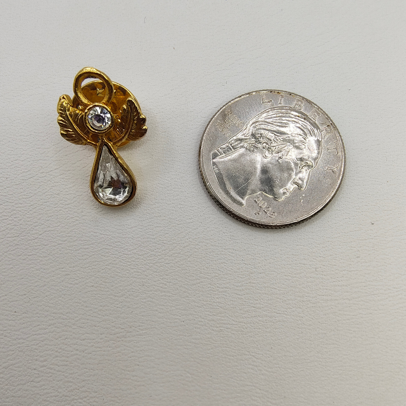 Vintage Guardian Angel Lapel Pin Gold Tone Clear Rhinestone Religious Icon 1/2″