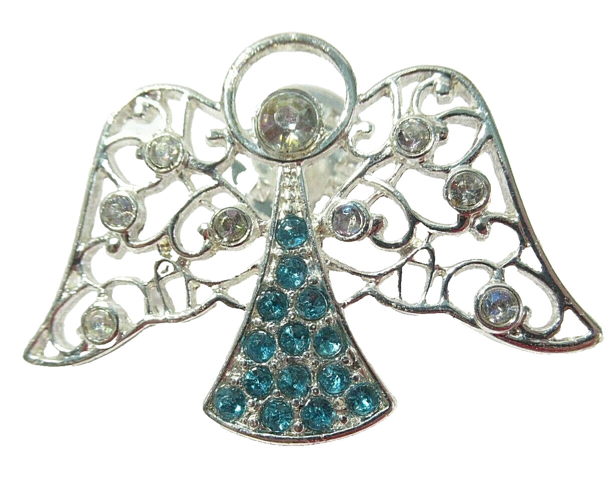 CHRISTMAS LAPEL STYLE PIN ANGEL OPEN WORK SILVER TONE RHINESTONES