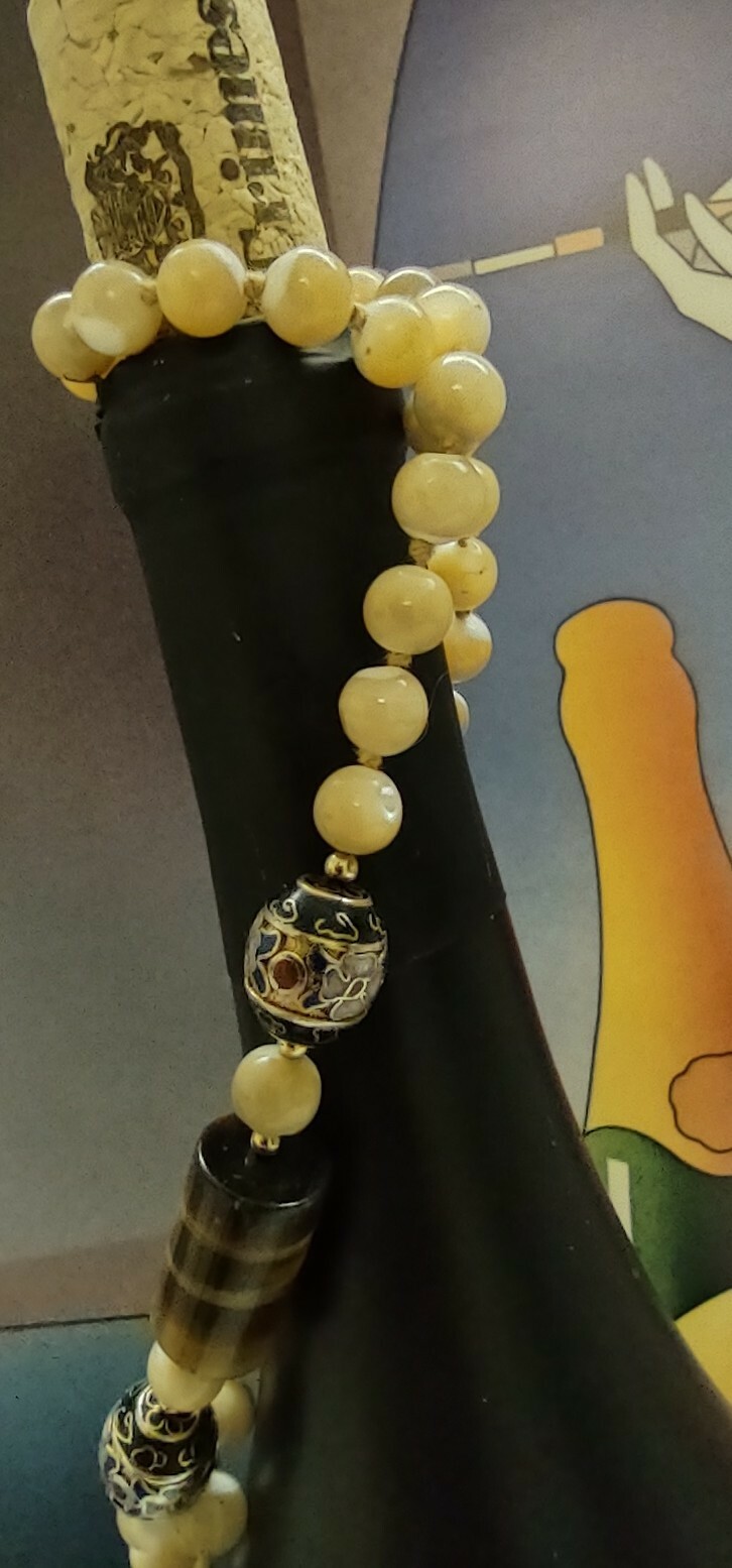 Vintage TIGER EYE Rutilated Jade Bead, Hand Knotted Silk Cloisonne 32″ Necklace