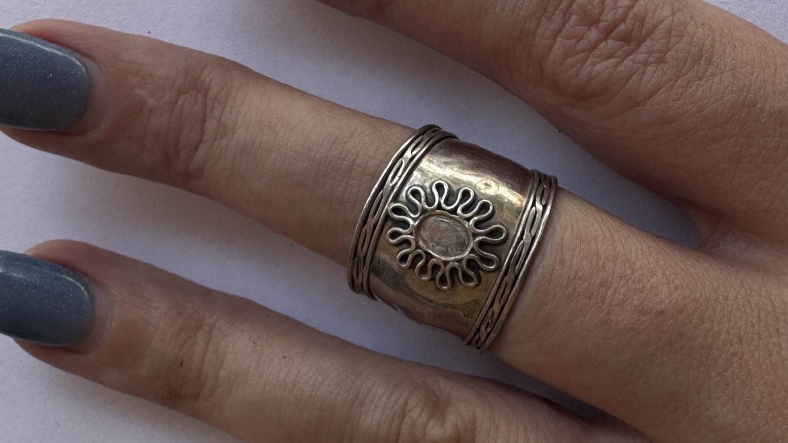 Sterling Silver Wide Cuff Ring Sunburst Cabochon Stone Statement Ring Vintage