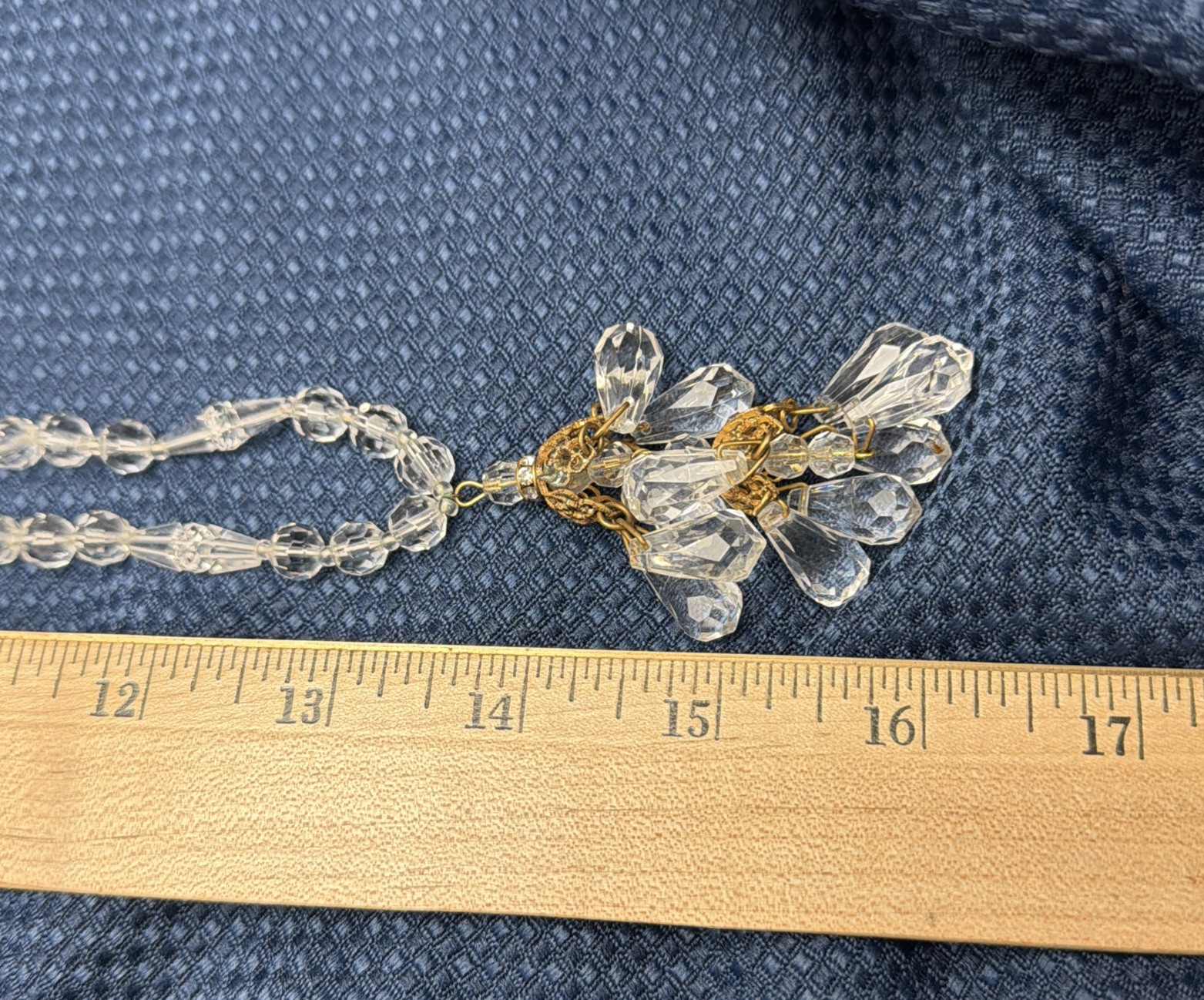 Vintage Signed Miriam Haskell Brass Crystal Facet Glass Dangle Necklace T2