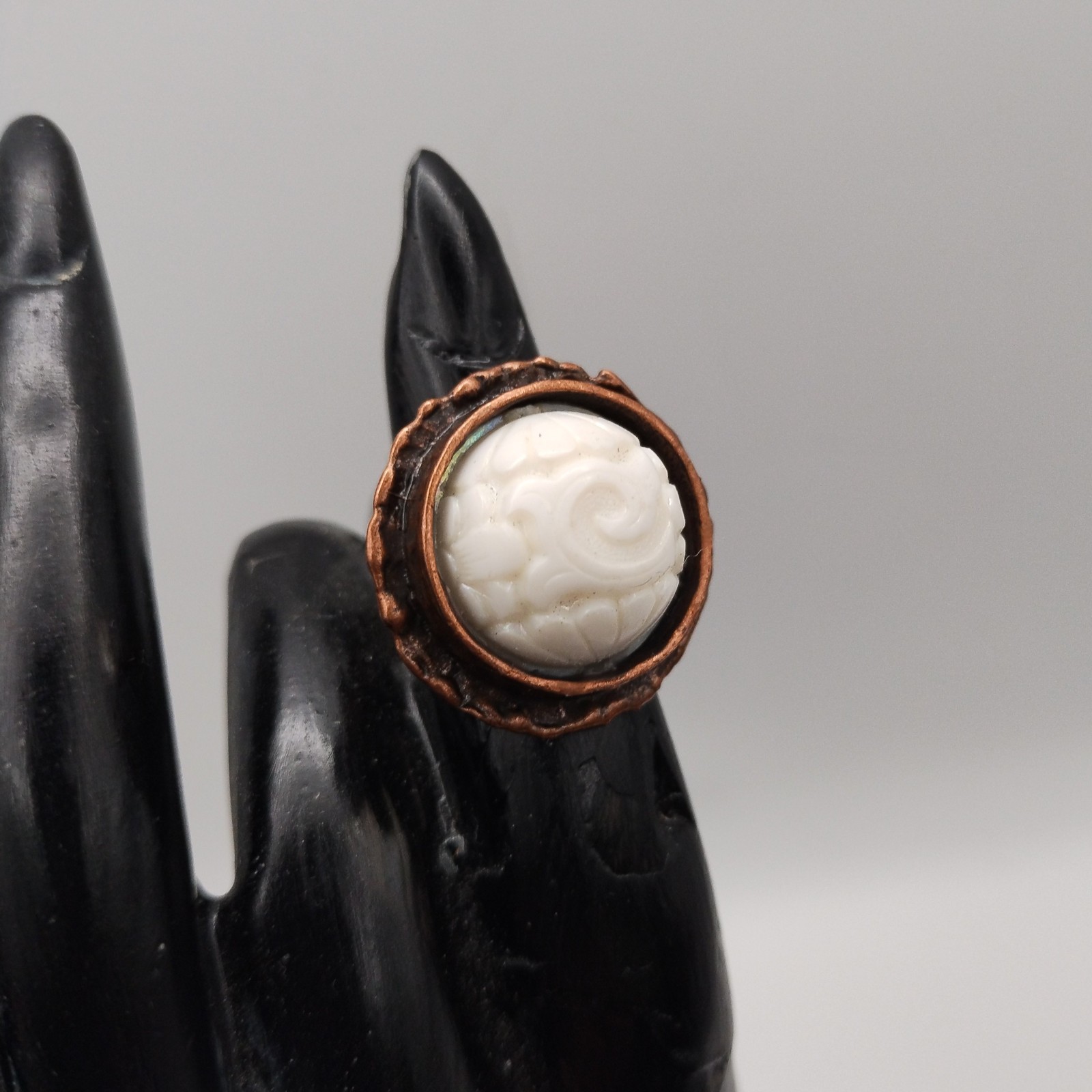 Adjustable Brutilist Style Copper Plated Ring w Vintage Opalescent Carved Stone