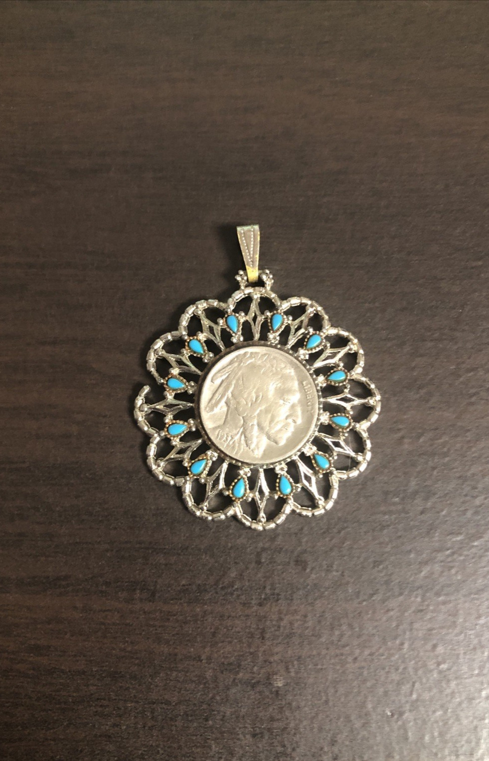 Vintage 1970s Buffalo Nickel Coin Pendent Faux Turquoise Silver Tone Necklace
