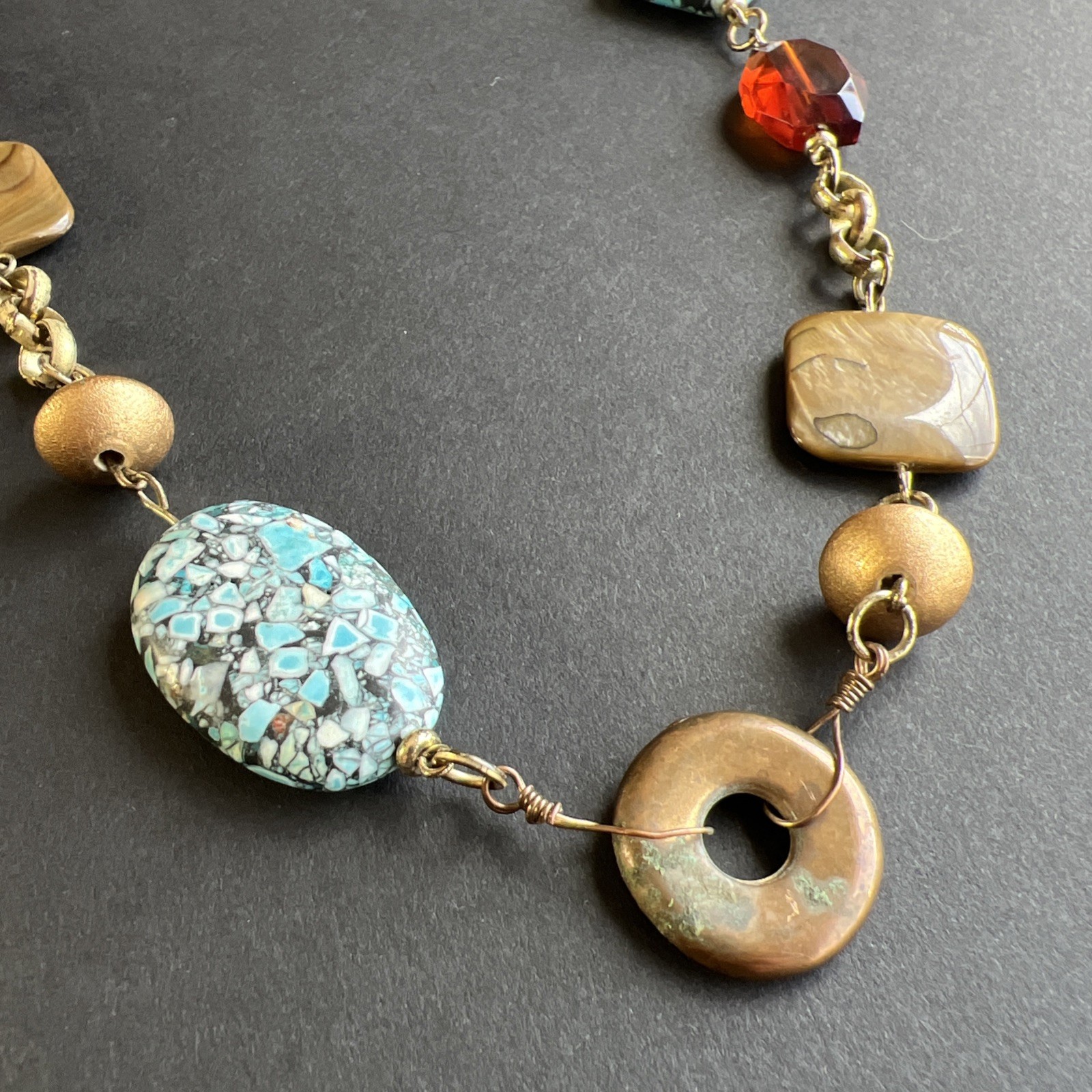 Vintage Turquoise Chip Inlay Beads Amber Mother of Pearl Abalone Bronze Necklace