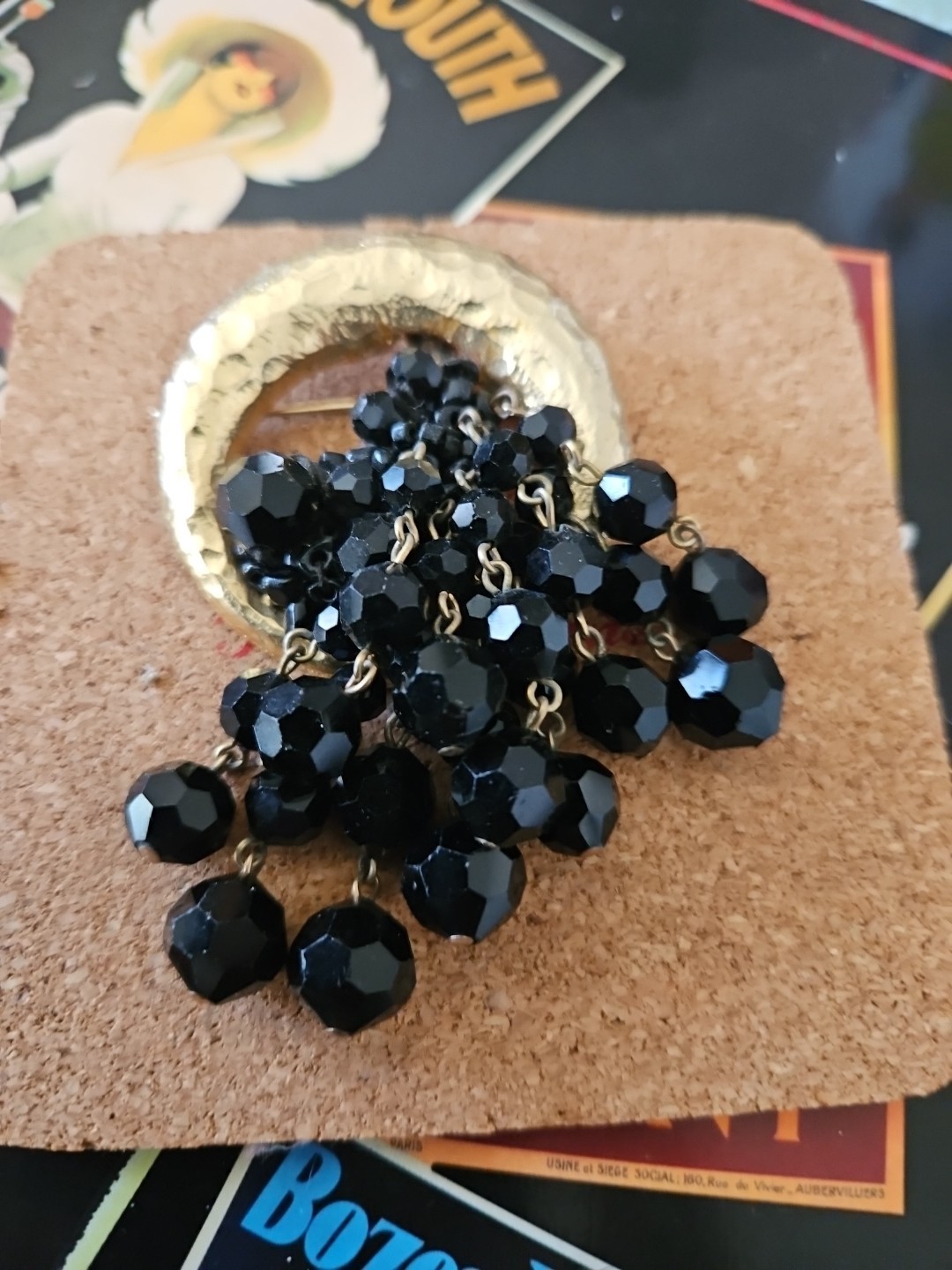 VTG Brutalist Black Cluster Dangle faceted Beads Brooch Signed Zentall
