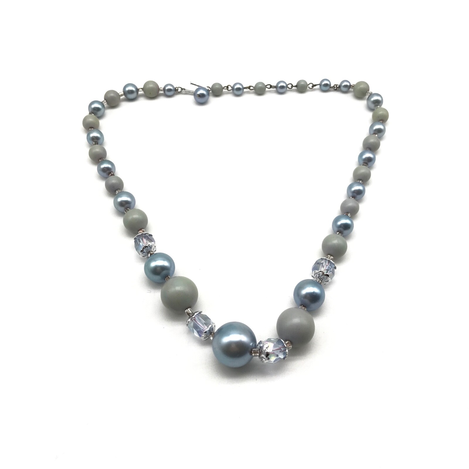 Vintage Japan Blue Gray Acrylic & AB Crystal Beaded Strand Necklace