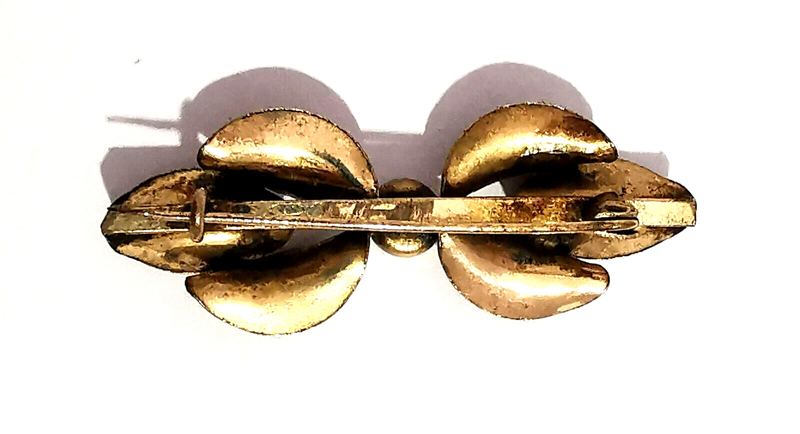 Vintage Czech Pin Brooch Floral Ornated Leafs Gilded Brass Colorless Rhinestone