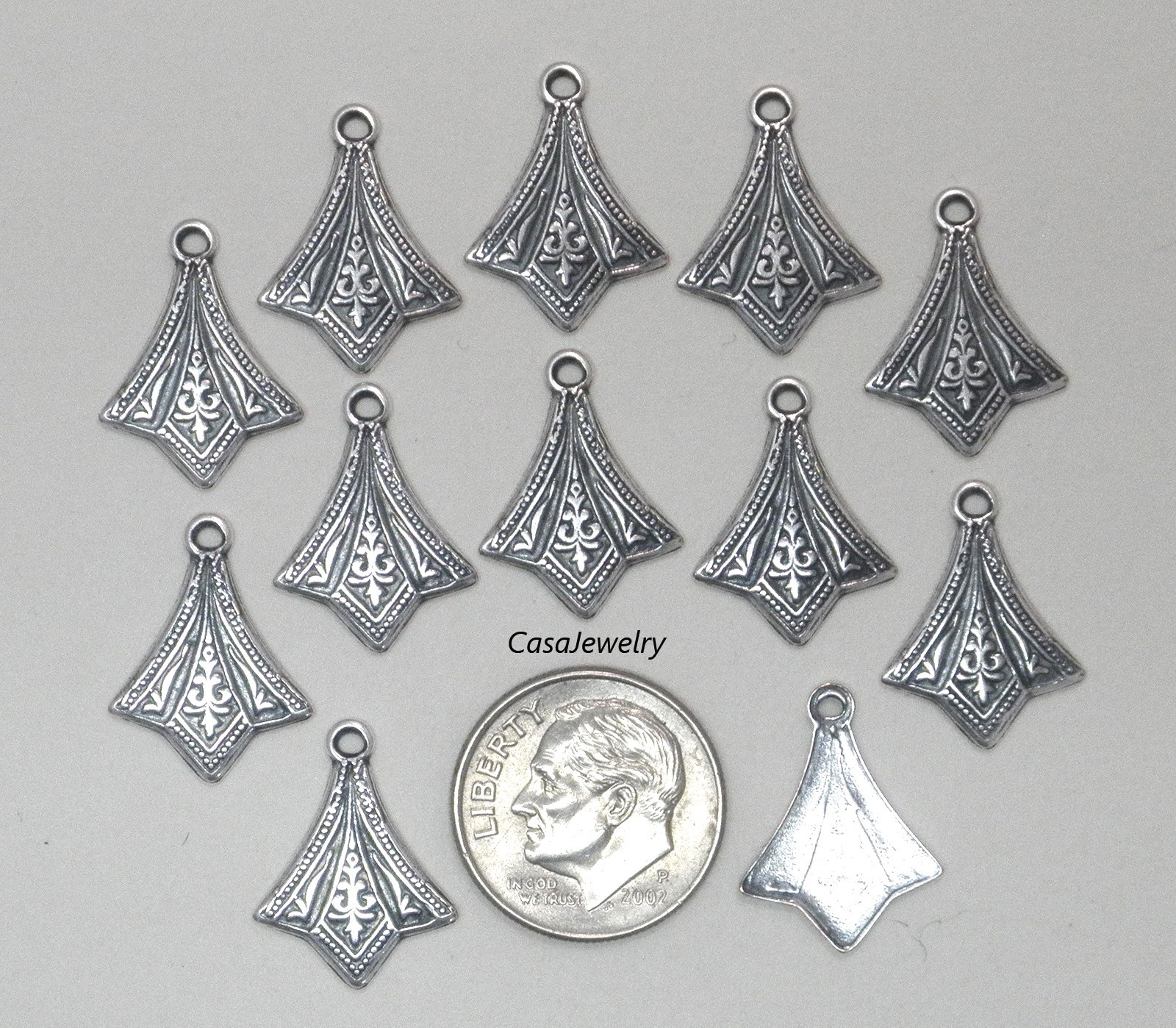 #3414 ANTIQUED STERLING SILVER PLATED DIE STRUCK ADORNMENT W/HANG RING – 12 Pcs