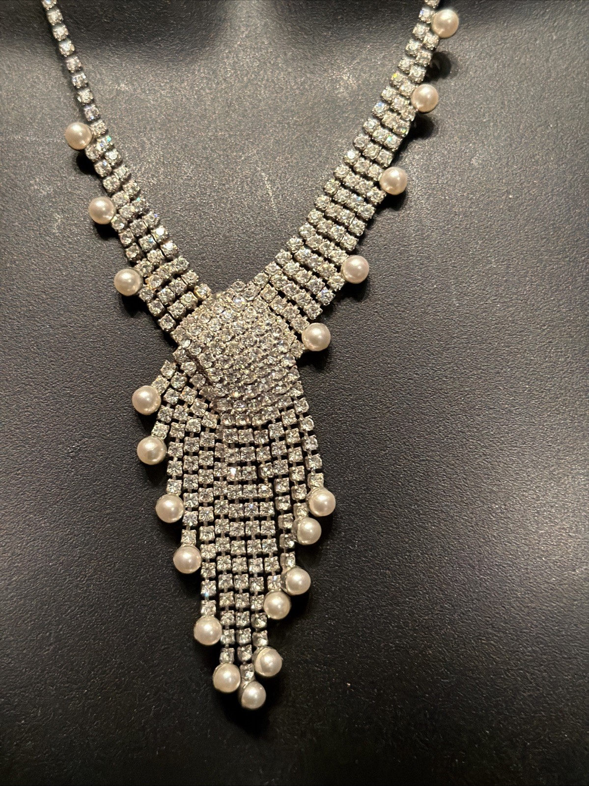 Vintage Rhinestone Swirl Glamour Pearl Dangle Necklace High End Costume Jewelry
