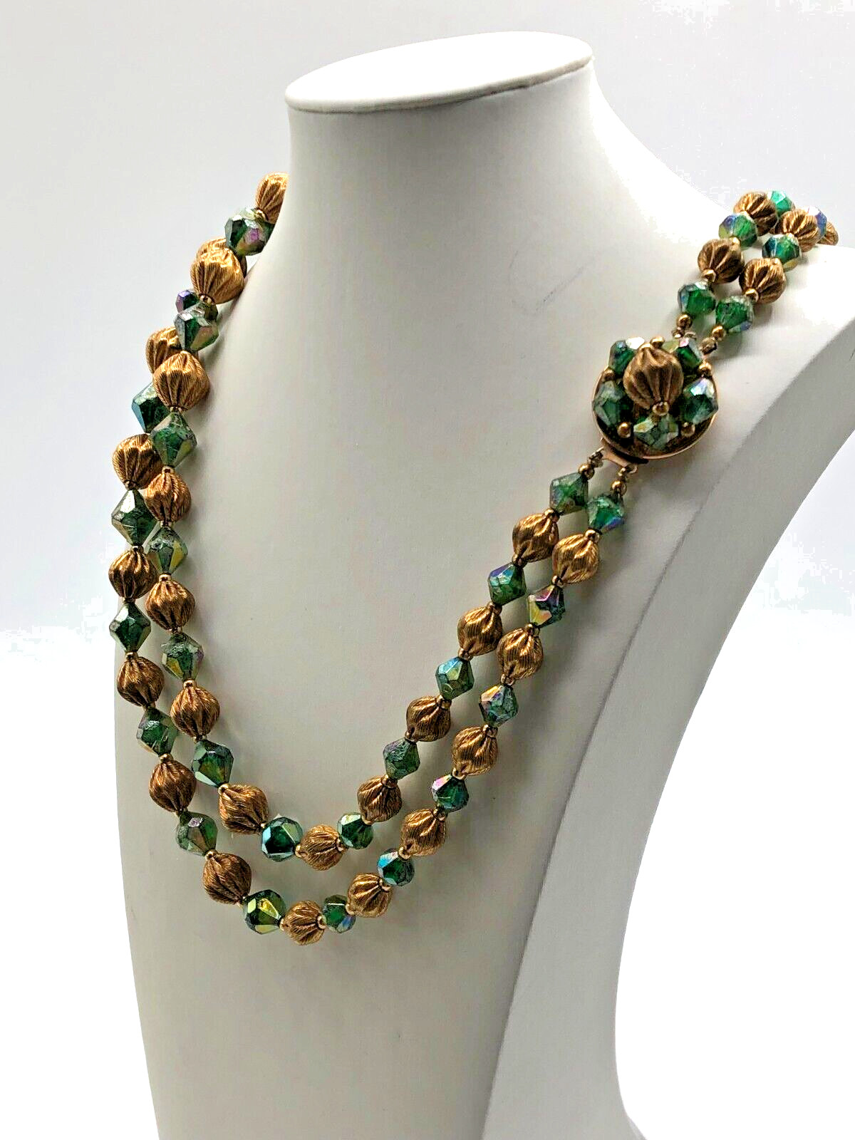 VTG 2 Strand Green AB & Gold Tone Bicone Bead Necklace MCM 1960s Estate