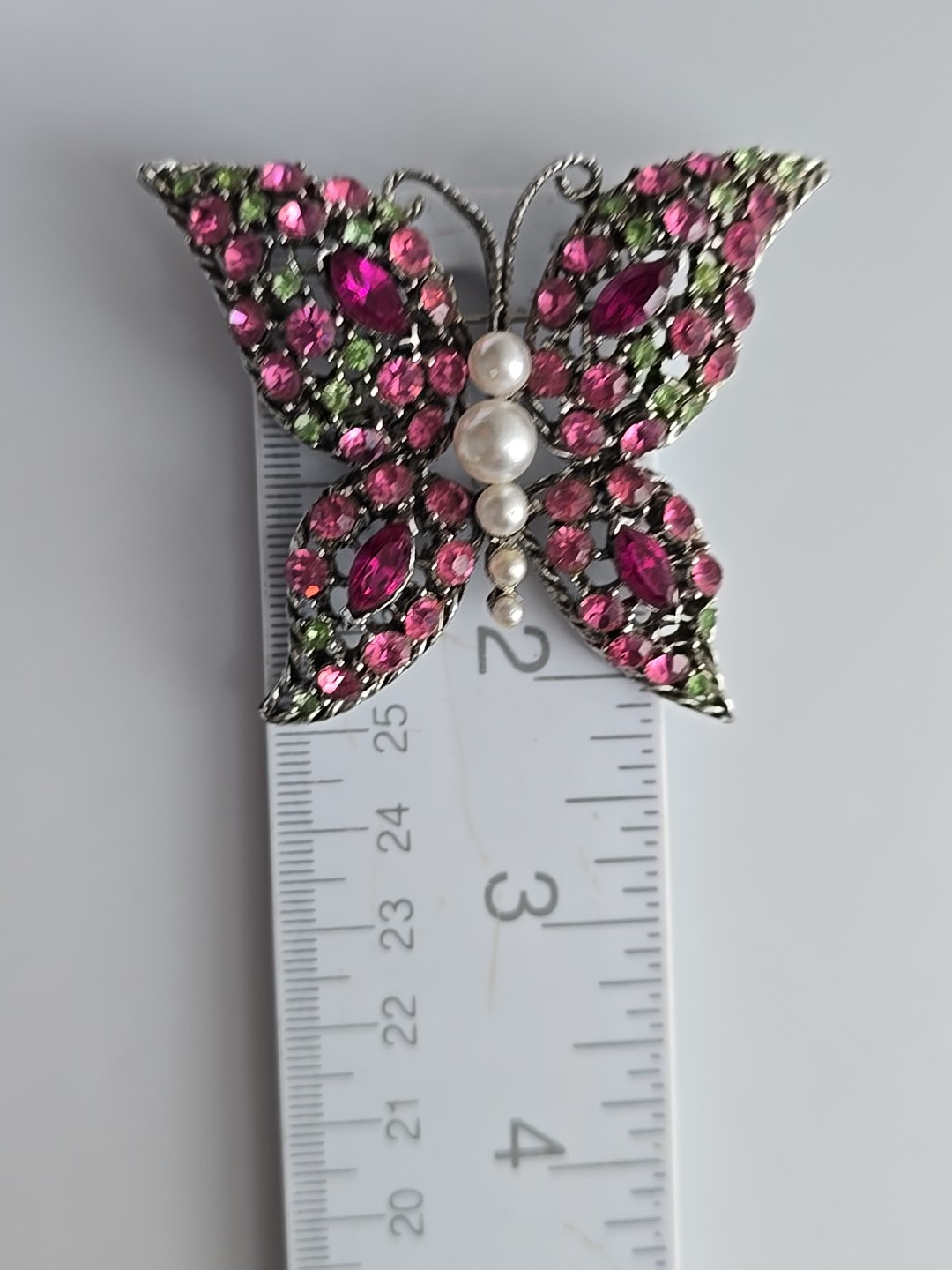 1970s Butterfly Pin Rhinestones of Pink and Green with Pearls