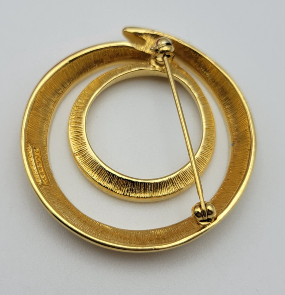 Vintage Signed MONET Gold Tone Brooch Double Circle Open Work 39 mm Modernist