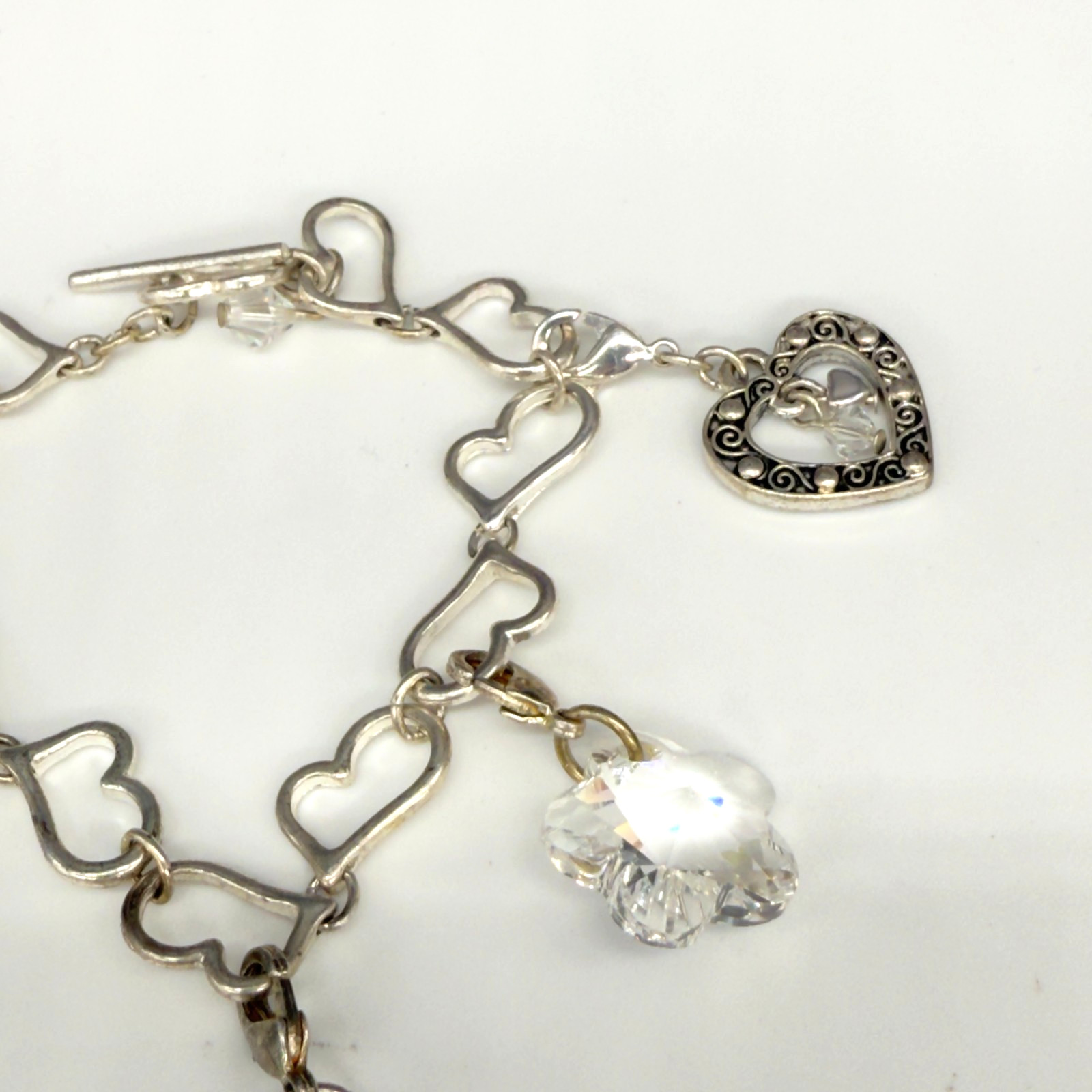 Heart Charm Bracelet Silver Tone Links Crystal Charms Enamel Size 6