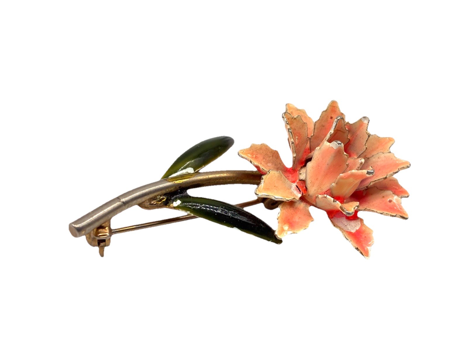 Vintage Flower Pin Brooch Soft Pink And Green Enamel Dimensional Metal Stemmed