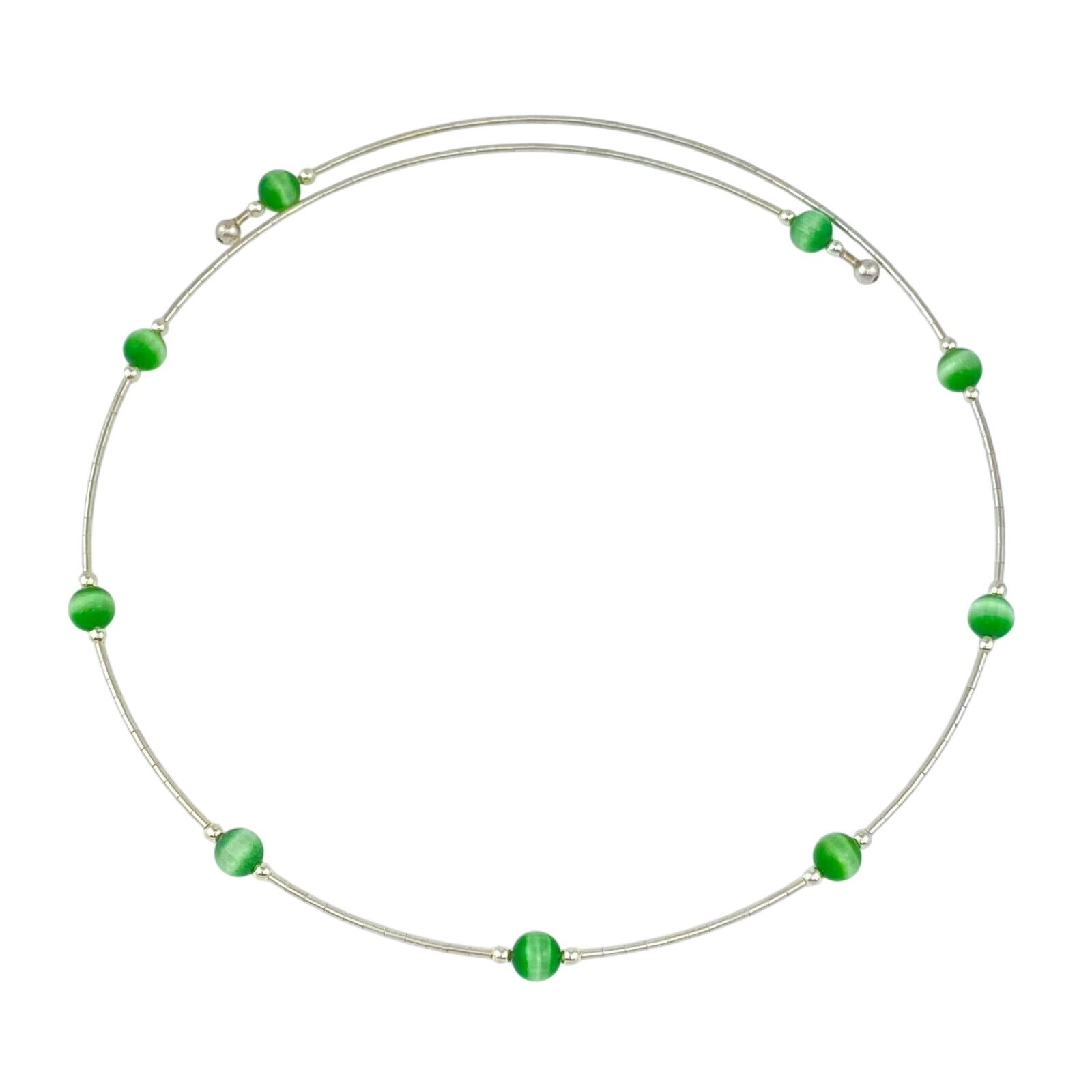 Green Cat’s Eye Tension Wire Necklace | Vintage Sterling Silver | 16″