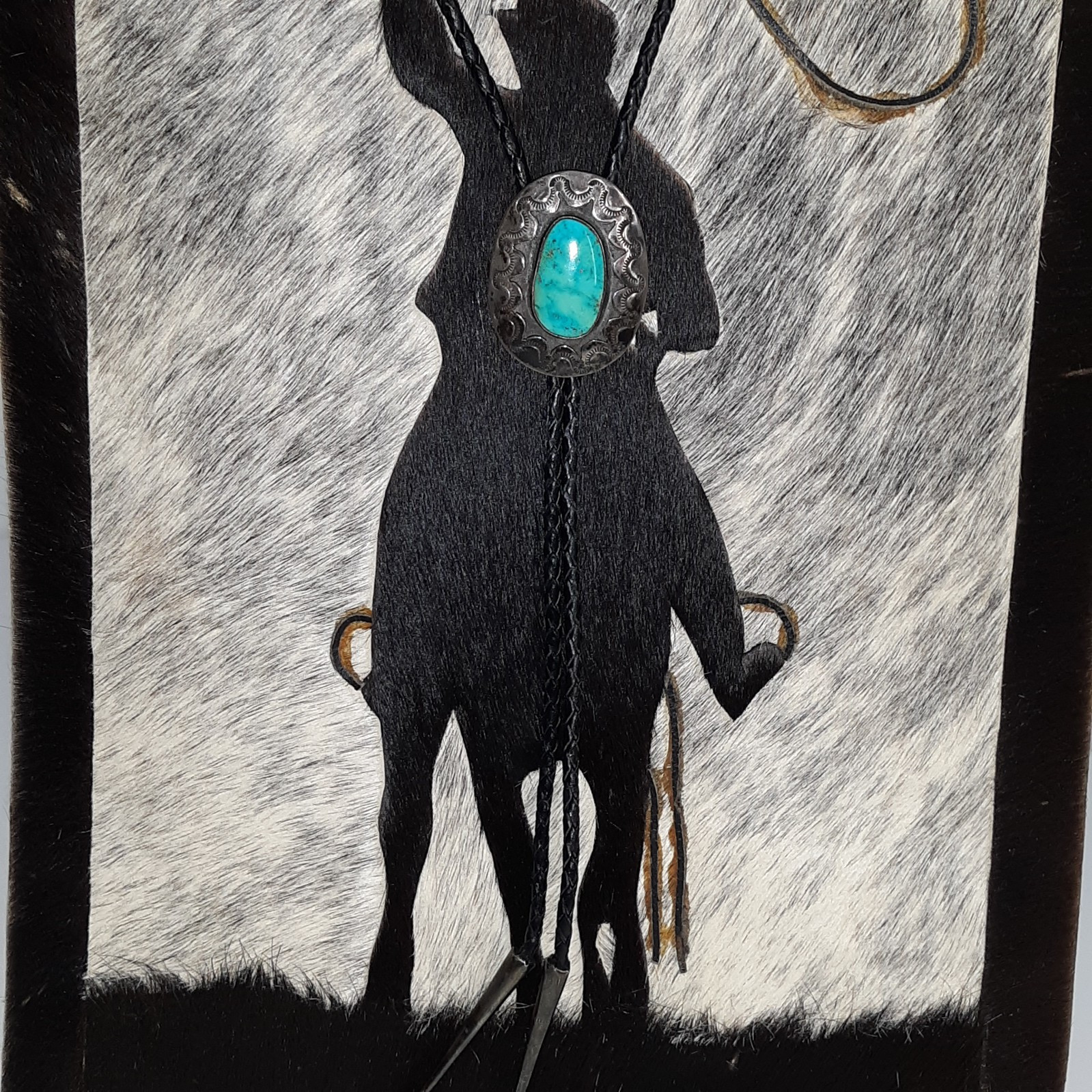 Vtg Bennett Pat Pend Bolo Tie Slide Turquoise Silver Black Leather Cord L 18″