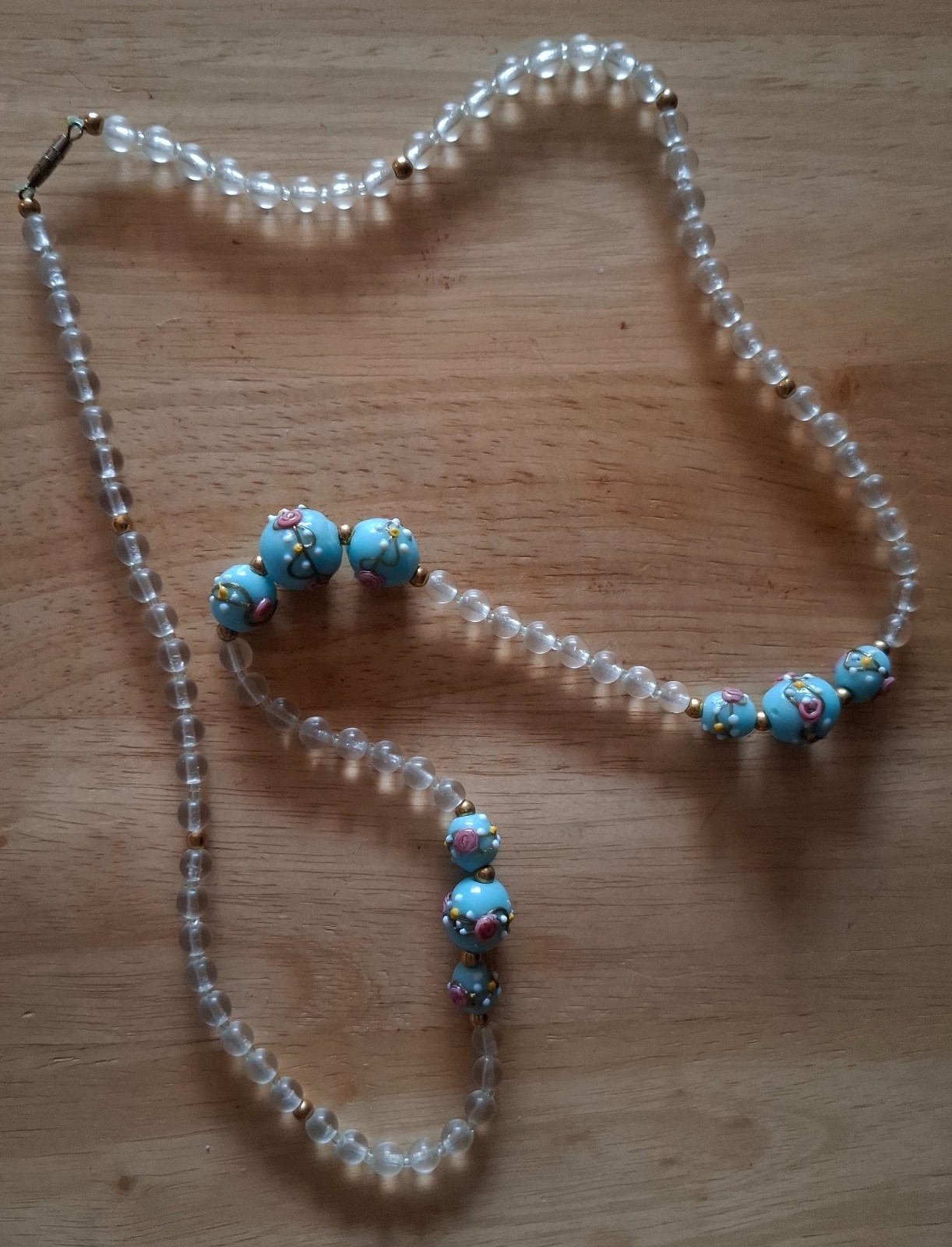 Vintage Jewelry Venetian Murano Blue Wedding Cake & White Glass Beads Necklace