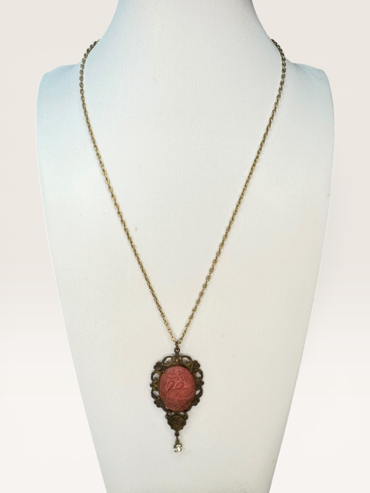 Glass Works Studio Red Swan Pendant Necklace Vintage Gold Brass 1980s