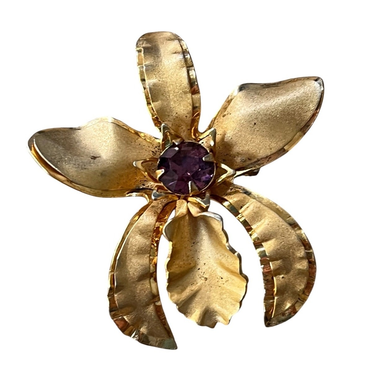 1.5″ Vintage Womens Orchid Flower Gold Tone Brooch Purple Rhinestone