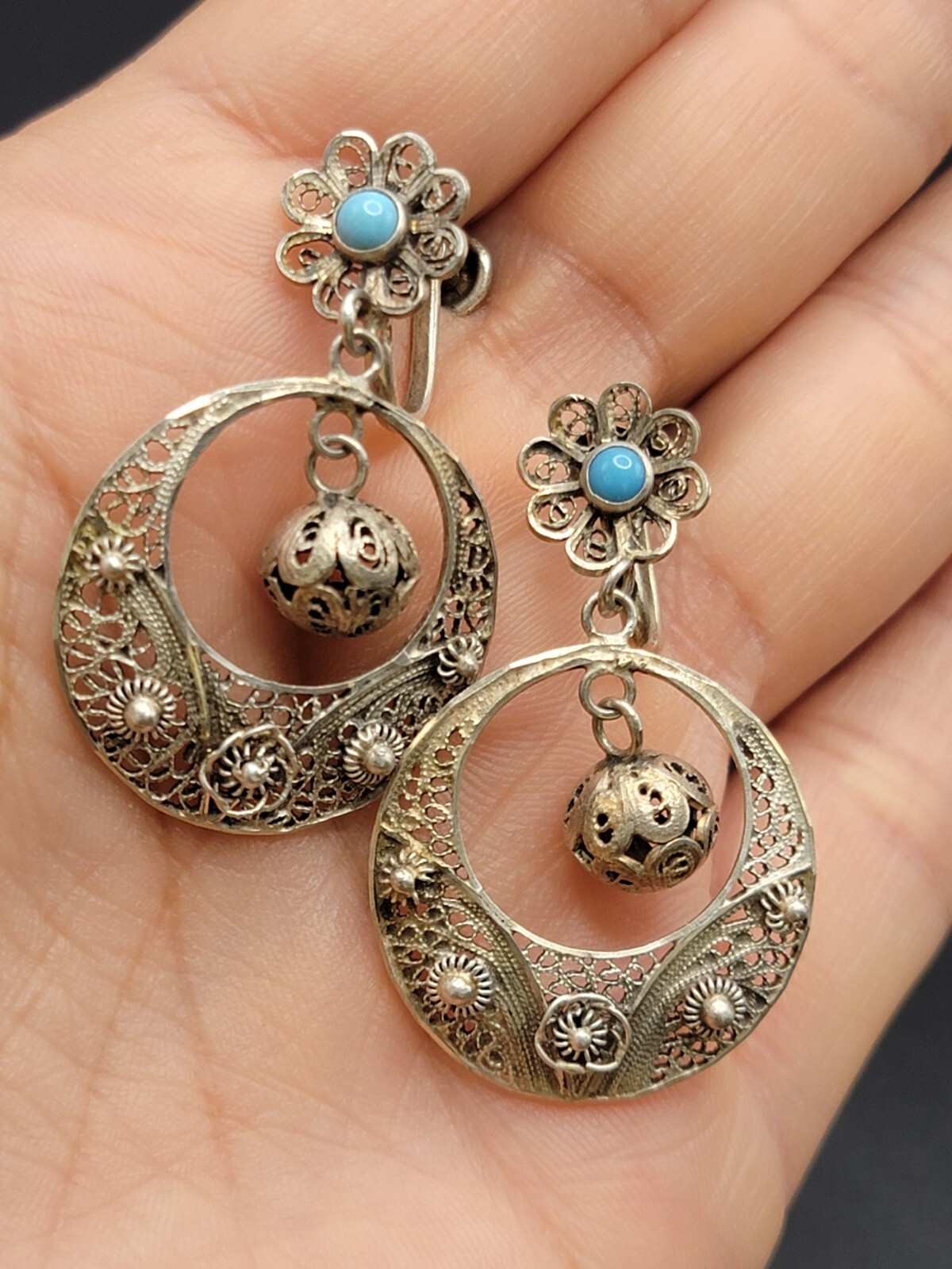 833 Silver Filigree Drop Earrings Turquoise Accent Dangle Vintage Ethnic