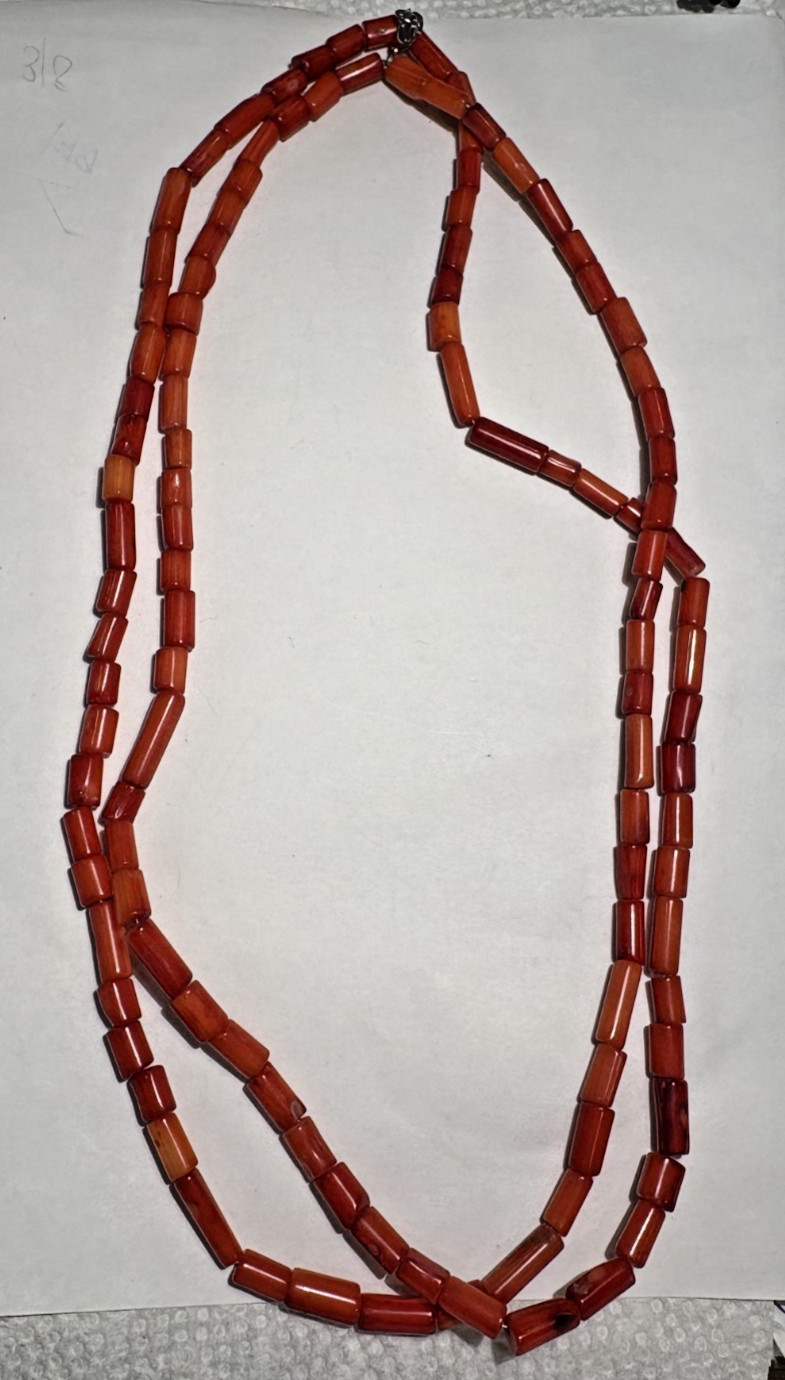 Dainty Double Strand Spice Red Tube Bamboo Beads 44g Coral 20″ Silver Necklace