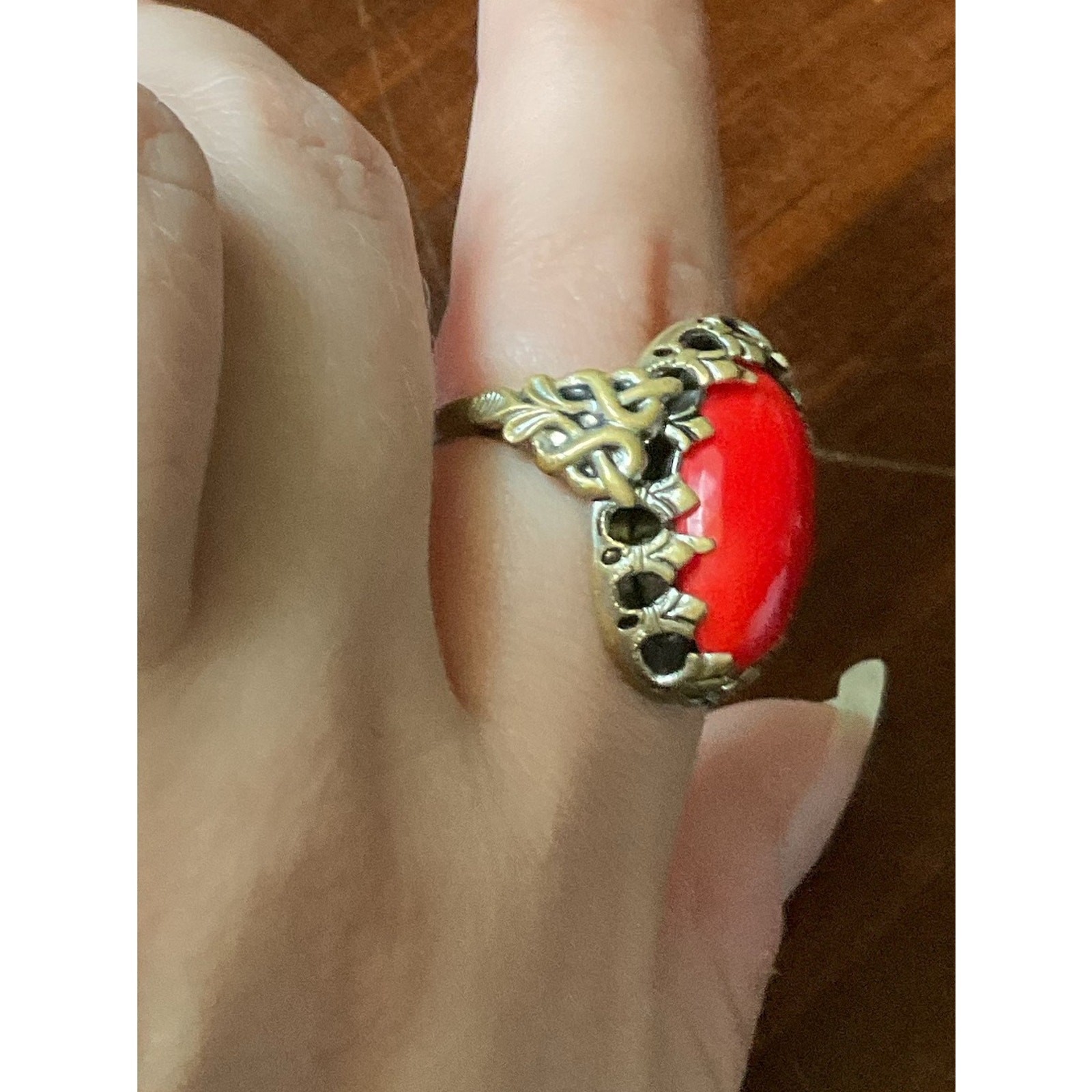 Vintage Red Coral Filigree Gold Tone Ring Size 7