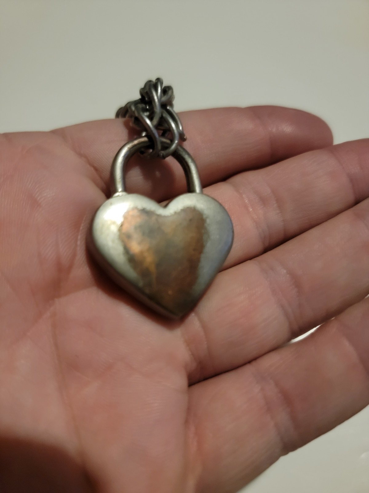 Antique Silver Heart Padlock Charm Necklace Link Chain Jewelry