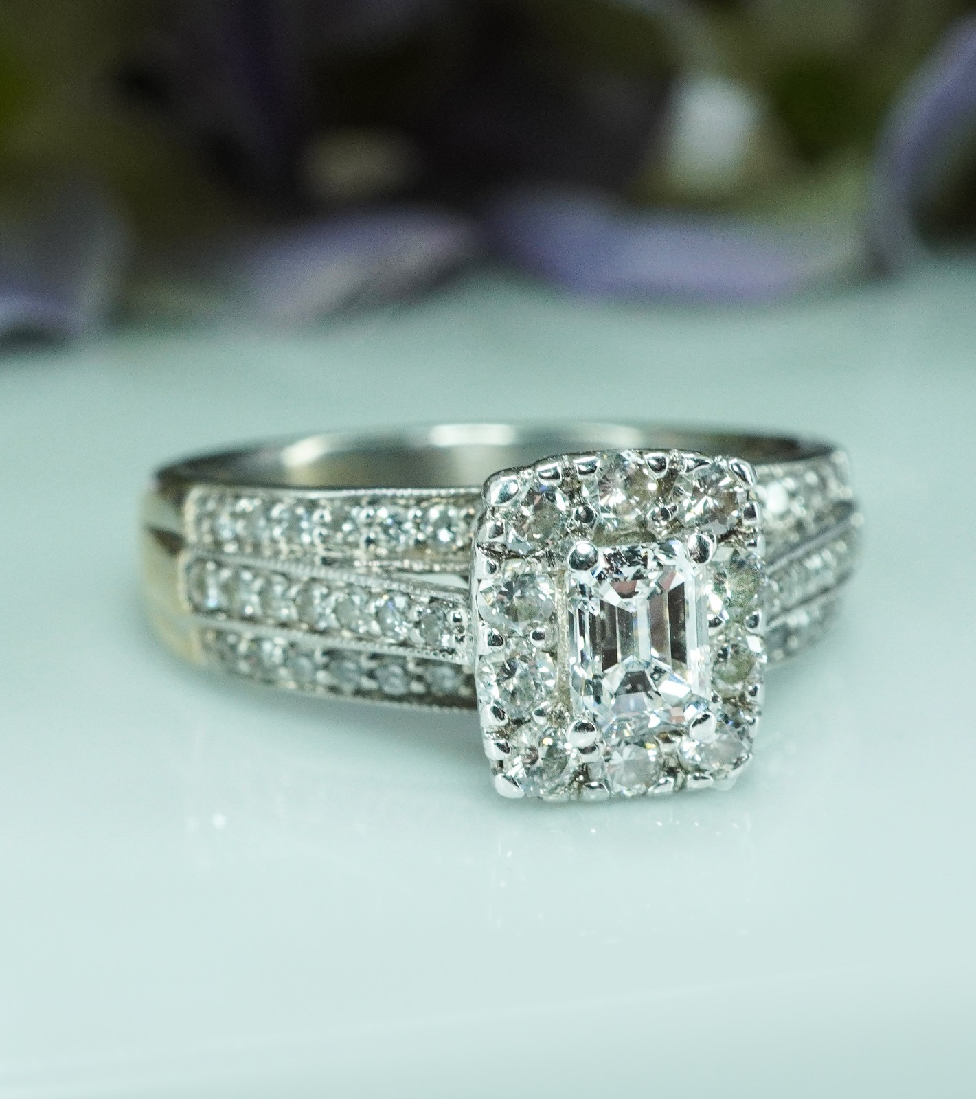 Vintage 14K White Gold Emerald Cut Diamond Halo Engagement Right Hand Ring