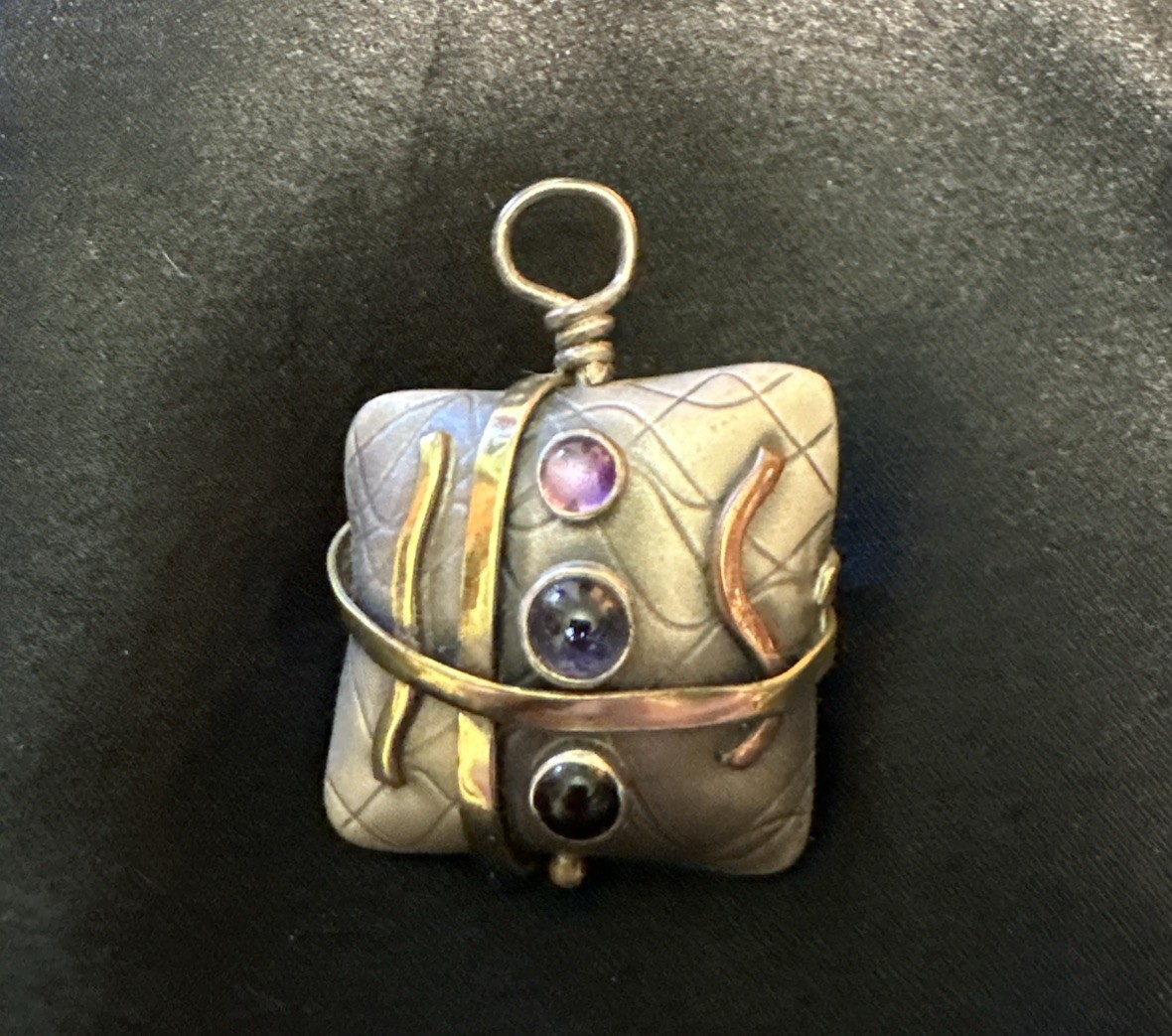 SMB Artesian Signed Sterling Silver, Multi-Metal & Gem 3-D Pendant 1”square