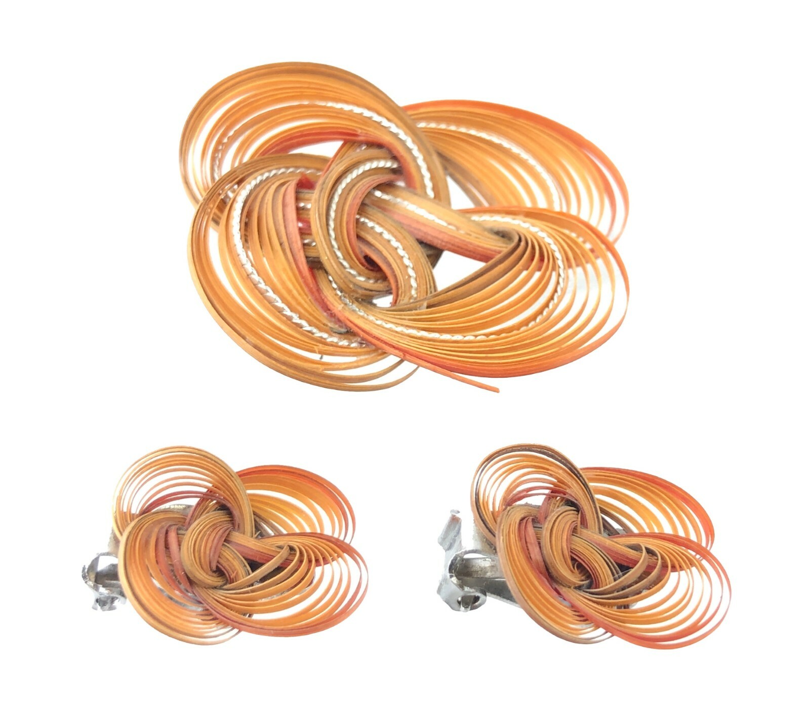 Vintage Retro Quilled Plastic Strip Brooch Clip-on Earrings Set Very Light 1970s
