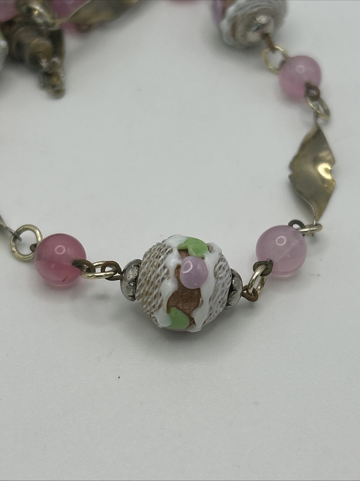 Venetian Italy Latticino Necklace Pink Green Purple White Gold Tone 1920’s VTG