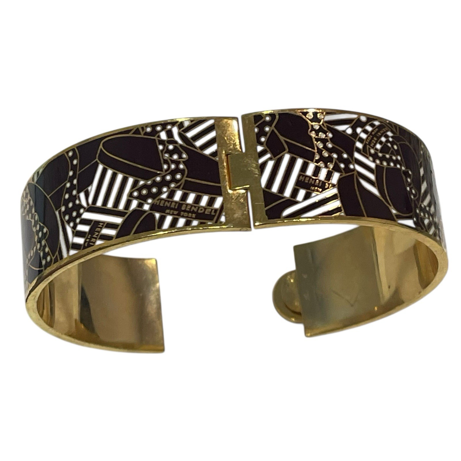 Henri Bendel Bangle Bracelet Gold Tone Brown Abstract Pattern Enamel Hinged Wide