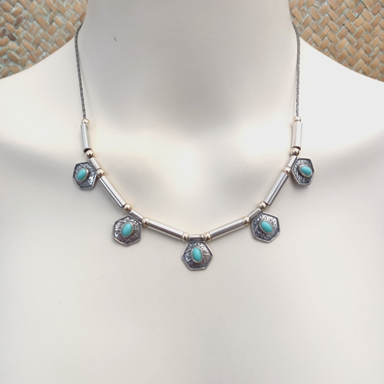 Vintage Artisan Necklace Sterling Silver 10k Gold Bead Geometric Drops Turquoise